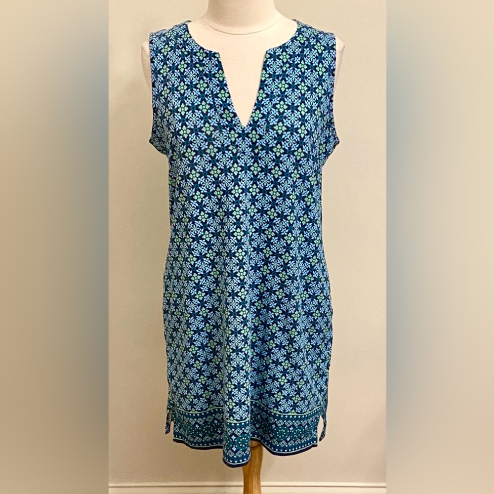 Lands End Blue Green Floral Print SZ M Coastal Cottagecore Chic Beach Dress